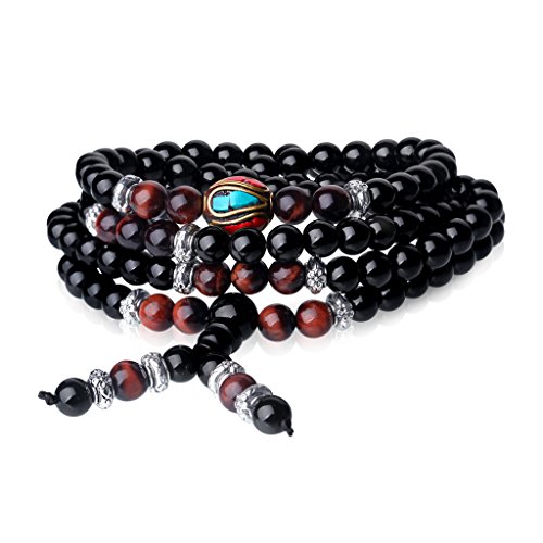 COAI 108 Obsidian und Rotes Tigerauge Buddhistisches Wickelarmband Halskette für Damen/Herren