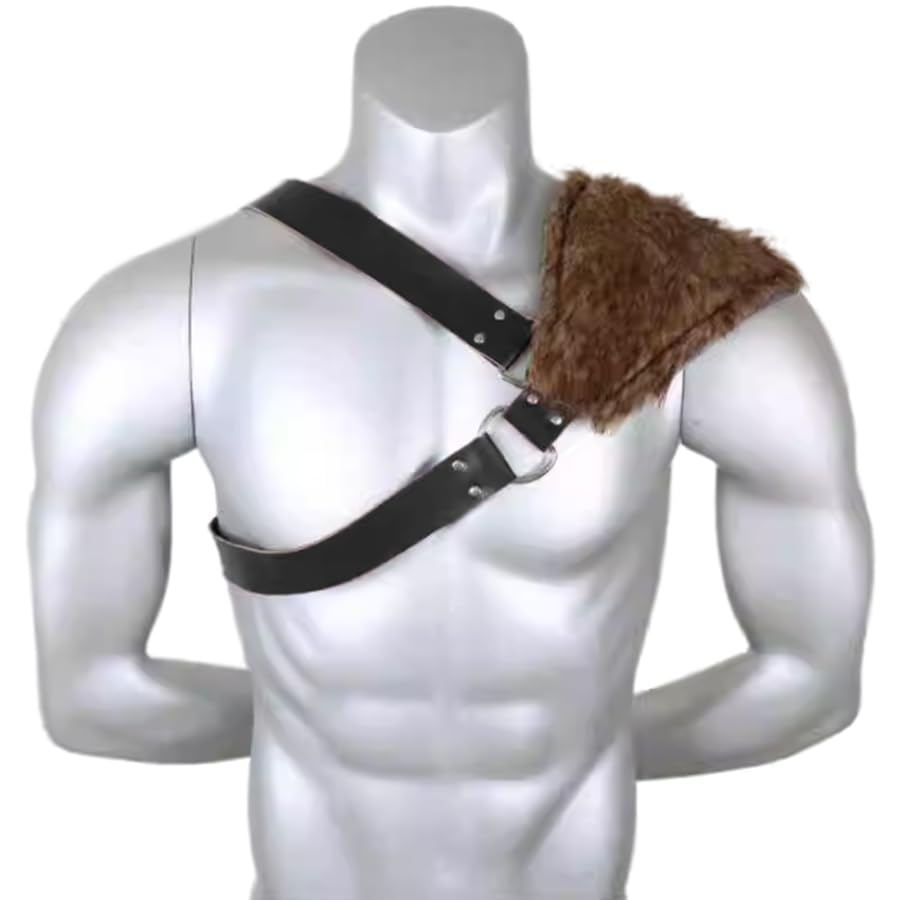 Faux Fur Viking Shoulder Guard Leather Armor Medieval Fur Shrug Fluffly Shoulder Cover Knight Pauldron Gothic Punk Body Chest Harness Halloween Armor Carnival Costume Warrior Cosplay Fancy Dress