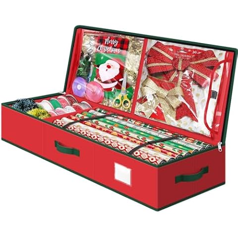 Fabspace Christmas Wrapping Paper Storage Containers, 40 Inch Gift Wrap Organizer, Visible Supplies Pockets for Xmas Accessories, Underbed Storage for Christmas Decorations, Red Cover
