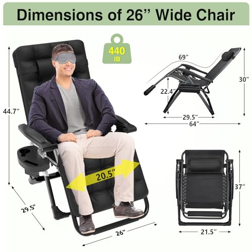 Zero Gravity Lounge Chair with Upgraded Lock and Cushion, Reclining Camping Chair with Cup Holder and Headrest, Folding Patio Chair for Indoor/Outdoor Use - Black