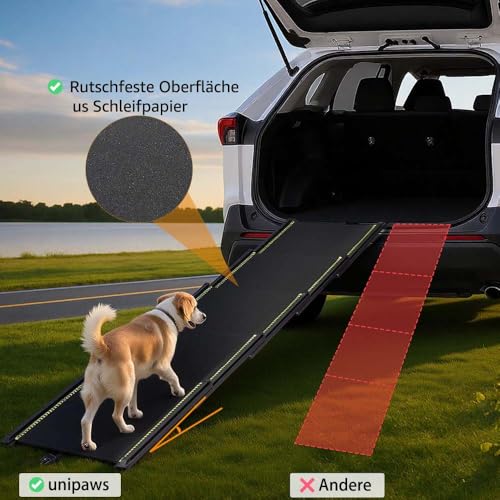 Unipaws 190 cm extra lange Hunderampe für Auto, SUV & LKW, ausziehbare tragbare Haustier-Treppenrampe mit rutschfester Oberfläche, reflektierenden Streifen & sanfter Steigung für Hunde bis 68 kg