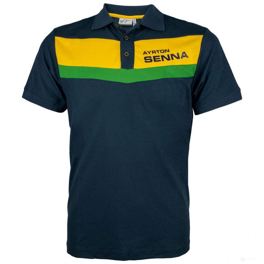 Ayrton Senna Racing Polo Shirt - Dark Blue / Yellow / Green, Adult, Unisex, Short Sleeve, Polo, Medium