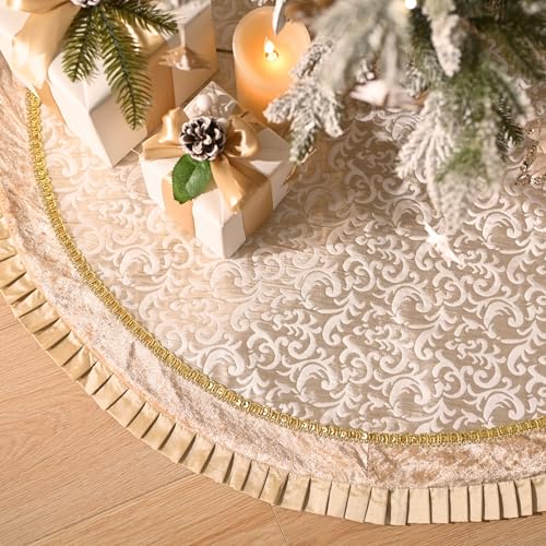Valery Madelyn Christmas Tree Skirt For Tree Decorations, 48 Inch Fabric Silver Gold Small Xmas Velvet Tree Skirt With Embroidery Baroque Pattern & Pleated Border For Tree Merry Christmas Party Decor thumb #1