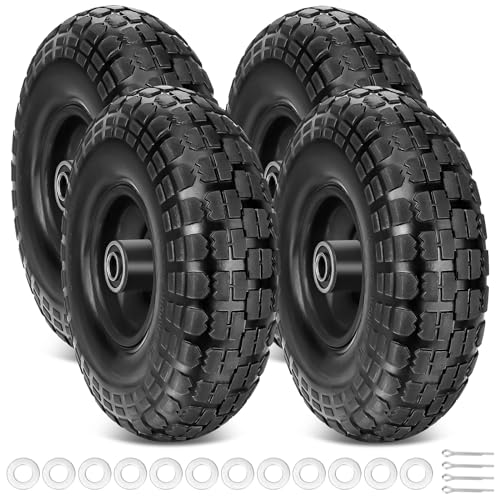 TICONN 10' Solid Tires, 4 Pack Flat Free 4.10/3.50-4'' Wheels with 5/8” Axle Bore Hole and Double Sealed Bearings (Black, 4PK)