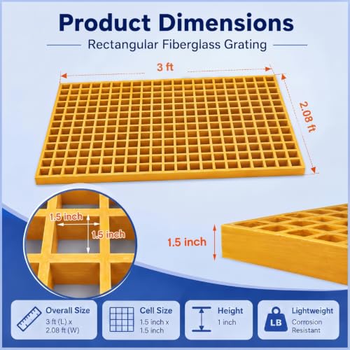 Image of Cinnvoice 1 Pcs FRP Molded Grating Panel, 3ft X 2ft X 1.5in, Yellow