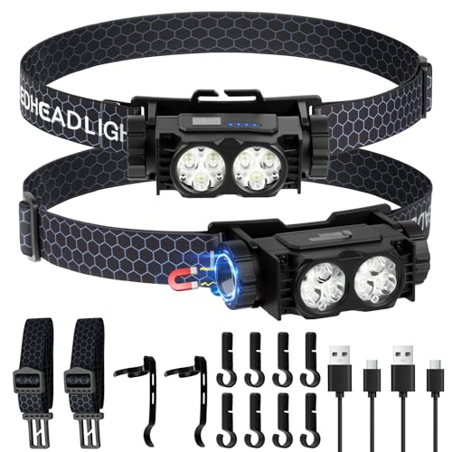 AXFEE 2PC LED Head Torch, USB Head Lamp LED HeadTorch Rechargeable, Super Bright 600 Lumen Head Lamps with 3 Light Modes, Waterproof Head Light Flashlight, Headlight for Camping Hiking Running Fishing