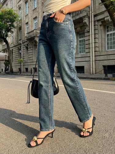 Image of Urbano Fashion Women's High Rise Straight Fit Washed Jeans Non-Stretchable
