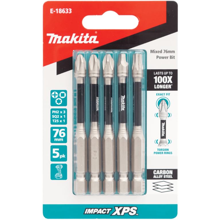 Makita Impact XPS 75mm Power Bit Set 5 Piece PH2 SQ2 T25 E-18633
