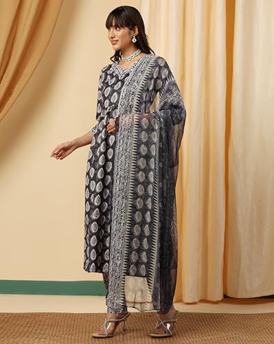 Tadkee Women's Cotton Blend Floral Regular Kurta Set (Fn-Kurta-Set-Dupatta-133-Grey-M_Grey_M)