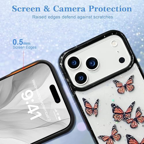 Image of VONZEE Glitter Butterfly Back Cover Case Compatible with iPhone 17 Pro, Clear Cute Bling Sparkle Shiny Soft TPU Bumper Shockproof Women Girls Slim Protective Phone Cover for iPhone 17 Pro 6.3 inch,Black