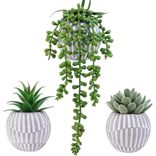 Winlyn 3 Pack Artificial Succulent Plants in Gray Geometric Concrete Pots Fake Aloe Echeveria String of Pearls Succulents Mini Faux Potted Plant for Desk Table Shelf Home Office Bathroom Decor