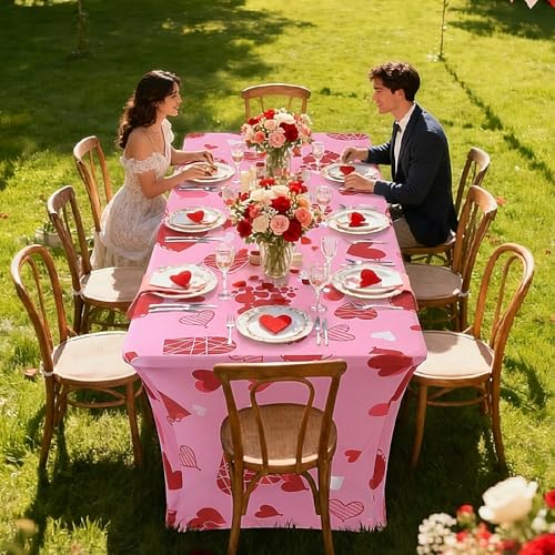 Oudain 2 Pcs Valentine's Day Stretch Table Cover 6 Feet Pink Heart Valentine's Day Spandex Table Clothes Sport Theme Party Decorations for Holiday Party Celebration Picnic Dinner Decor by Oudain - Image 6