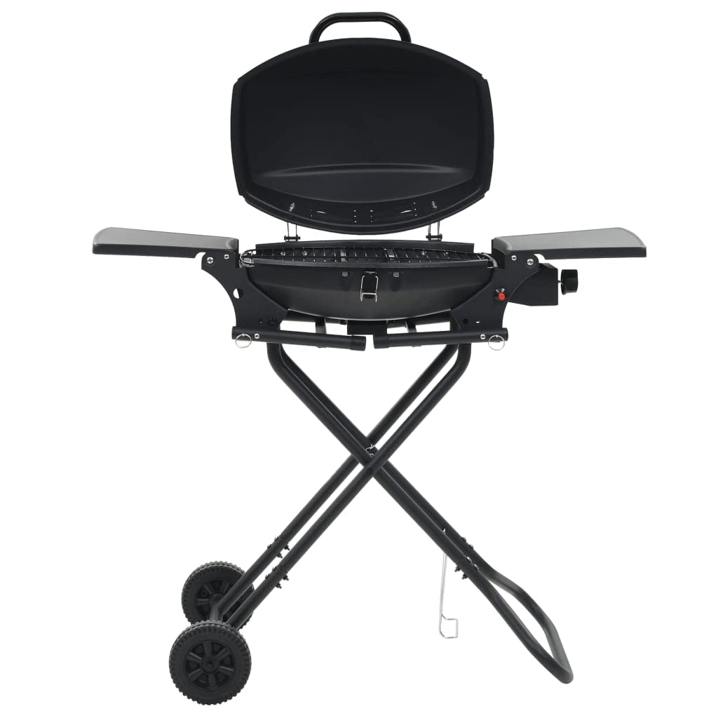 Przenośny grill gazowy, czarny, ze strefą gotowania, stal malowana proszkowo, 103 x 47 x 97 cm, powierzchnia grillowania 0,15 m², zapłon piezoelektryczny, składane półki, 2 rolki na taras