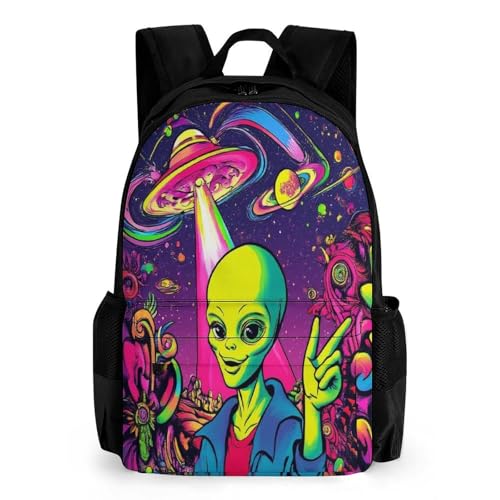 Backpack with Zippered Side Pockets, Unisex Trippy Space Alien Weed Art Breathable Backpack for Hiking, Gym, Fashion Adjustable Shoulder Bag