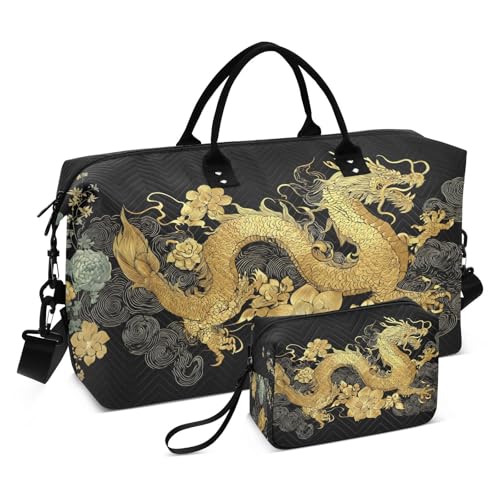 Gold Japanese Dragon Blossom Large Travel Duffle Bag Weekender Overnight Bags Gym Yoga Bag for Women Men with Toiletry Bag