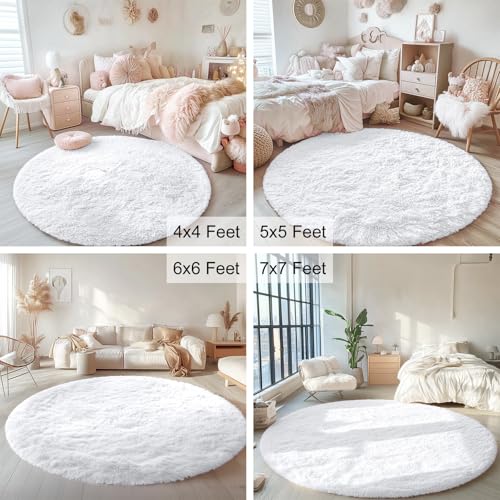 OLANLY White Round Rugs for Bedroom - Machine Washable, 4 ft Circle Area Rugs for Living Room, Soft and Fluffy Shaggy Carpet for Teen Girls and Boys, Nursery Rooms, Dorms, Home Decor Aesthetic