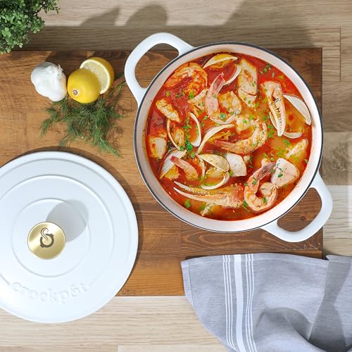 Image of Crock-Pot Artisan 5-Quart Round Dutch Oven - Matte Linen White with Gold Knob, Enameled Cast Iron Cookware
