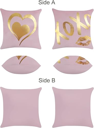 Miniatura 4 de Bonhause Juego de 2 fundas de almohada para el día de San Valentín de 18 x 18 pulgadas papel de aluminio dorado con forma de corazón XOXO y labios