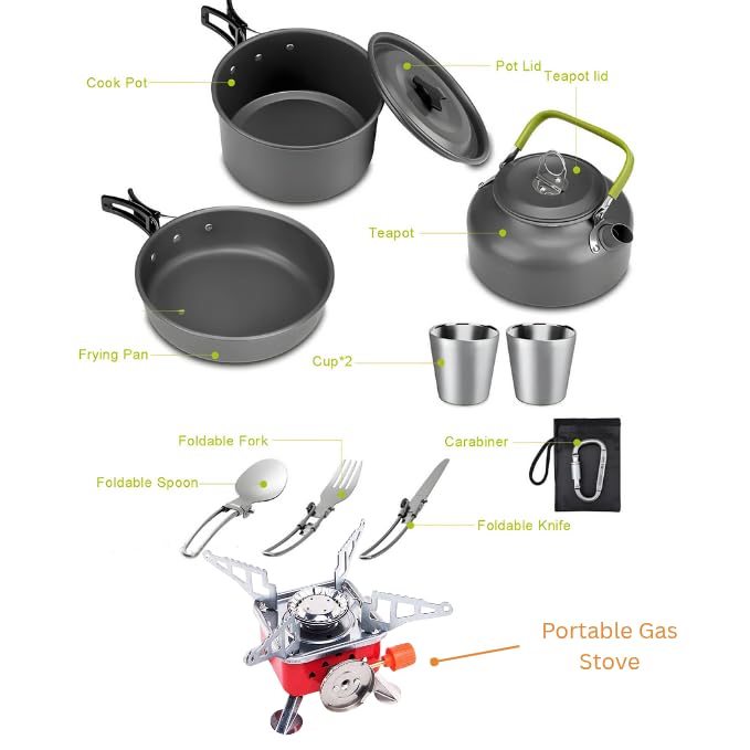 Image of 14-Piece Camping Cookware Mess Kit with Gas Stove, Lightweight Nonstick Pot & Pan Set with Spork, Bowls, Kettle & Travel Bag - Compact Outdoor Cooking Gear for Backpacking, Hiking, Scouts