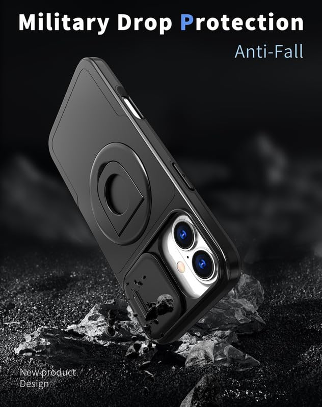 Image of LuxuryKase MagSafe Shockproof Rugged Back Case for iPhone 16 | Finger Ring Kickstand & Sliding Camera Cover | Military Drop Protection | Wireless Charging Support - Black