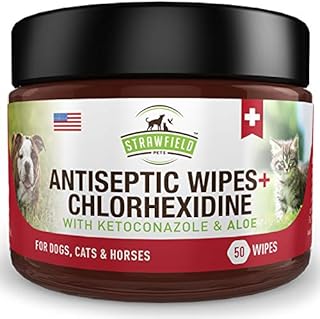 Chlorhexidine Wipes for Dogs, Cats - Ketoconazole, Aloe - 50 Pads - Cat, Dog Hot Spot Treatment, Mange, Ringworm, Yeast Infection, Allergy Itch Relief, Acne, Deodorizer Antibacterial Antifungal, USA