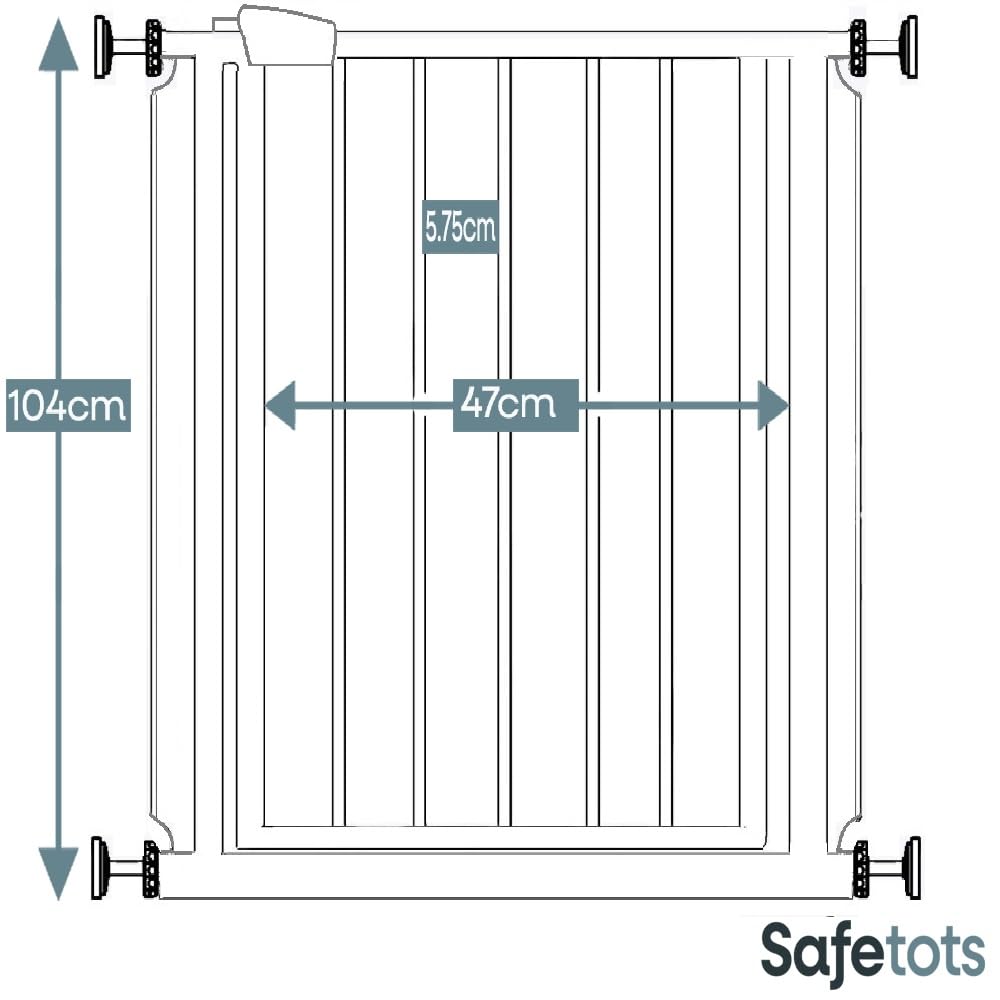 Safetots Puerta de Seguridad de Metal Extra alta con Ajuste a Presión, 68.5 cm - 75 cm, Blanco, Altura de 104 cm, Puerta de escalera extralta, Puerta de bebé extralta, Instalación fácil