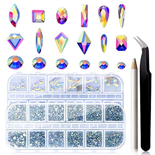 Yagoyan Nail Rhinestones Set, 1870 Pieces Flatback Crystal AB Nail Gems + 60 Pieces Multi Shape Glass 3D Nail Jewels, Nail Bling Rhinestones Diamonds with Nail Art Rhinestone Picker and Tweezers