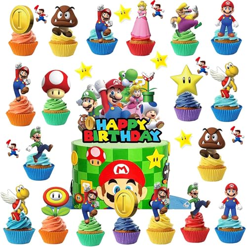 Bogoro Super Decoración Para Tartas 25 piezas Mario Cake Topper Infantiles, Mario Cupcake Toppers,Decoración Tarta Super Mario Para Fiestas Cumpleaños Infantiles
