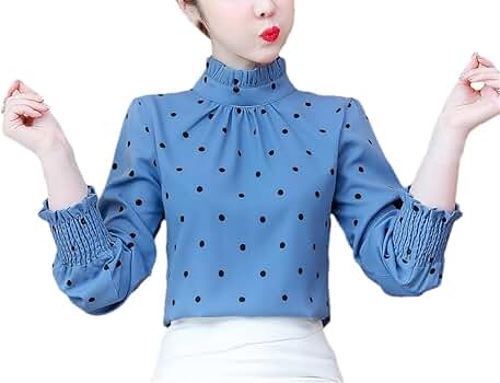 Womens Tops and Blouses Stand Collar Dot Chiffon Blouse