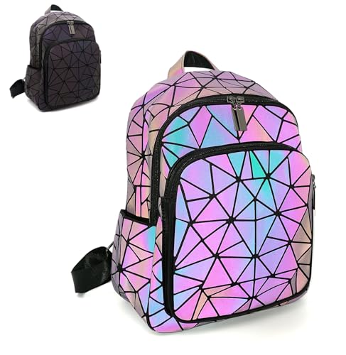 CAFINY Geometrische Rucksack Geometrischer Tasche Damen Geometrisches Muster Holografische Damentaschen Taschen Leuchtend Damenrucksack Retro Holografischer Daypack für Freizeit, College, Arbeit