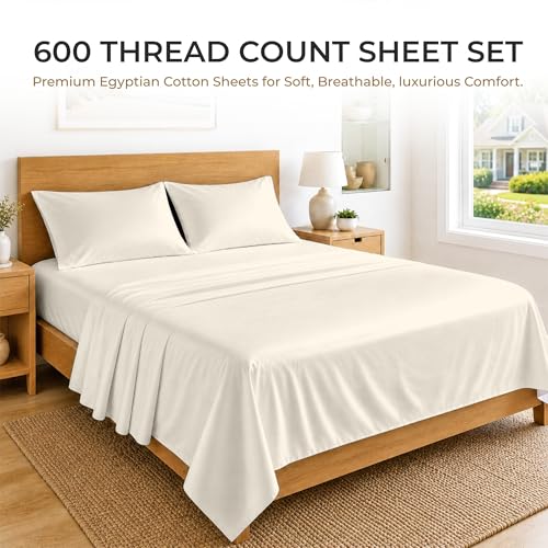Image of SGI bedding RV Short Queen Sheet Set 60x75, 600 TC Egyptian Cotton, 4 Piece Luxury Hotel Collection, Ultra Soft & Breathable, Fits RV Mattress Camper & Trailer, 15 Inch Pocket, Ivory