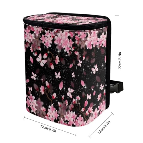 Image of Talayituse Butterfly Cherry Blossom Print Car Trash Can with Adjustable Straps, Foldable Car Trash Bag Bin Car Garbage Bag Multipurpose Storage Box for Vehicle Travel Camping Picnicing