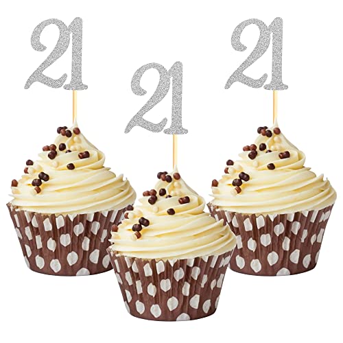Sumerk 24PCS 21 Cupcake toppers Silver Glitter 21th Birthday Cupcake Picks Anniversary Party Decorations