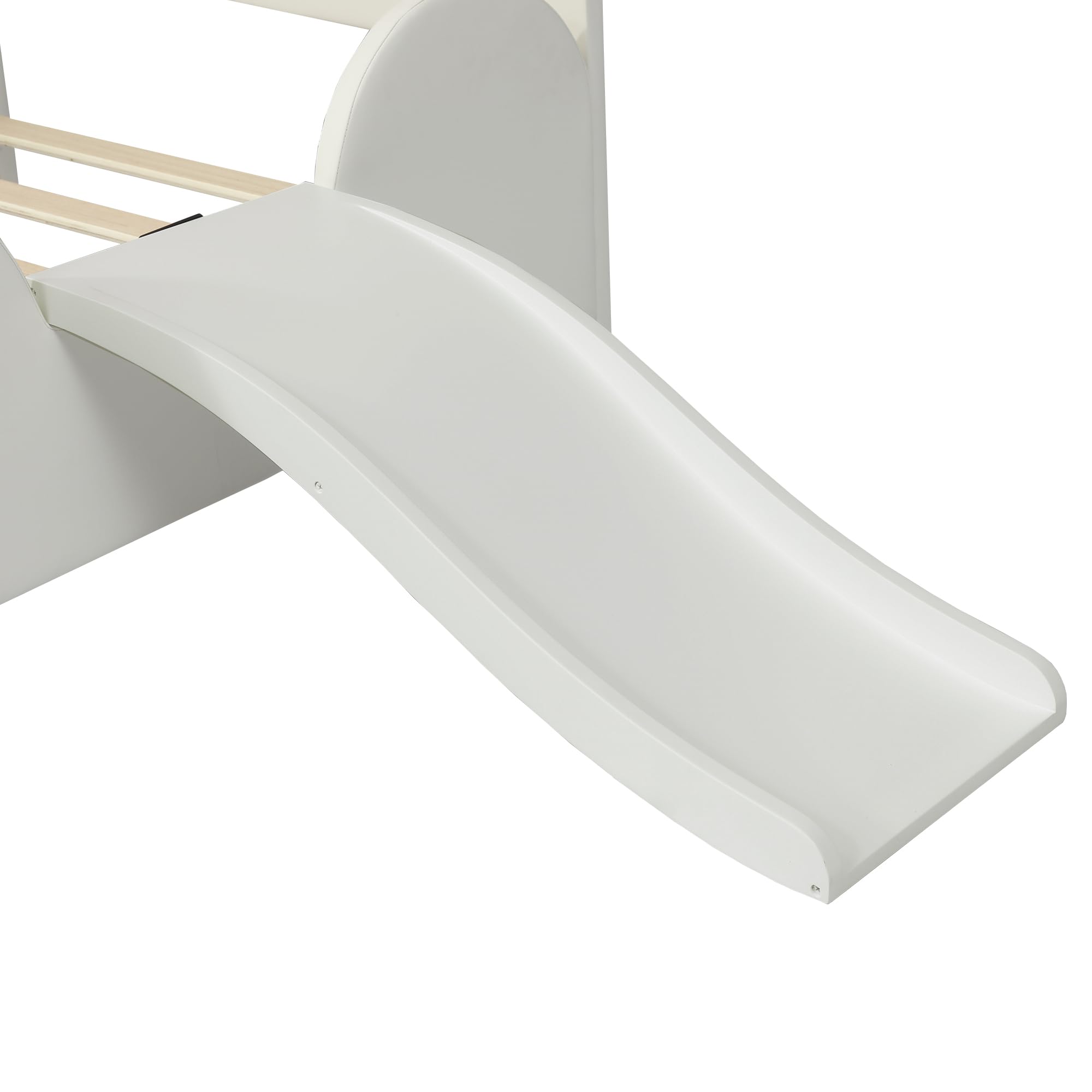 SUKY Letto imbottito 90 x 200 cm, letto singolo con piccola scala e scivolo per bambini, testiera con orecchie di coniglio, lettino con doghe in legno, PU, bianco+rosa