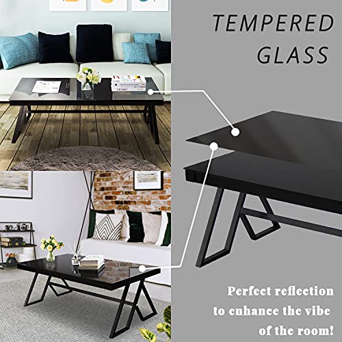 Jerry & Maggie - Tempered Glass Tea Table Coffee Table Cocktail Desk Table - Modern Steel Triangular Legs Living Room Desk Decor - Anti Scratch Polished Surface Family Size Dinning Table | Black #TOP4