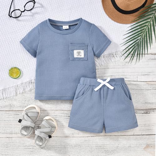 Toddler Baby Boy Summer Clothes Solid Color Waffle Short Sleeve T-shirt Shorts Set Infant Summer Outfit 2pcs2