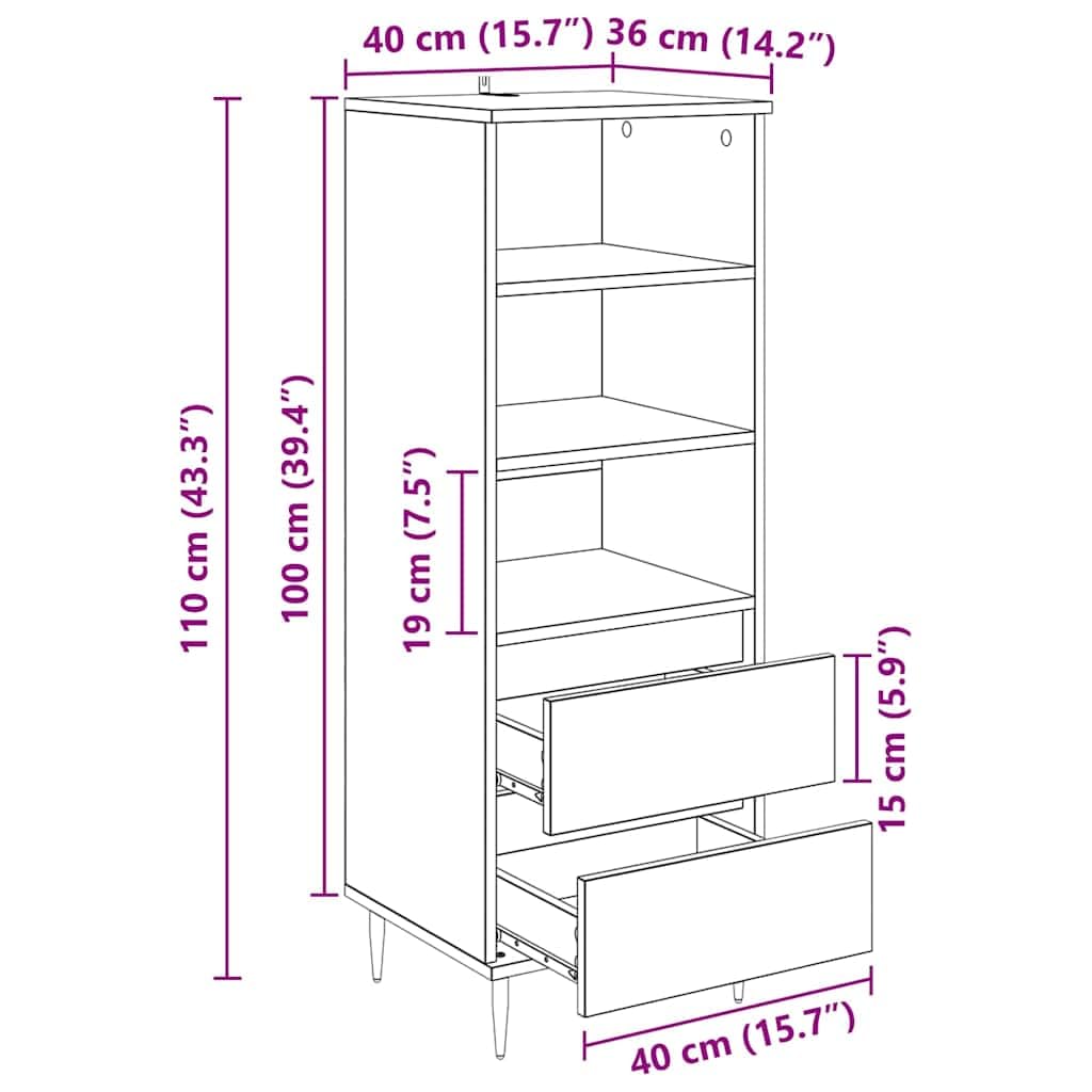 Buffet haut avec tiroirs en bois 40 x 36 x 110 cm, buffet moderne avec espace de rangement, étagère et étagère pour salon, salle à manger, couloir, solution de rangement élégante avec pieds