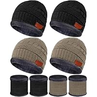 Syhood 4 Sets Kids Winter Hat and Scarf Set Warm Fleece Lining Beanie Hats Knitted Cap Scarf for 5-14 Years Boys Girls