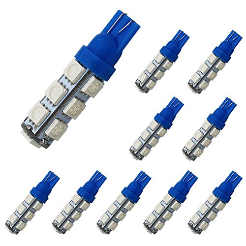 Yolu 10PCS T10 LED Blue 13-SMD 5050 T10 W5W LED Bulbs Extremely Bright Interior Replacement Side Lights 168 194 2825 Wedge Bulbs for 12V License Plate Dashboard Side Marker Light Map Dome Lamp