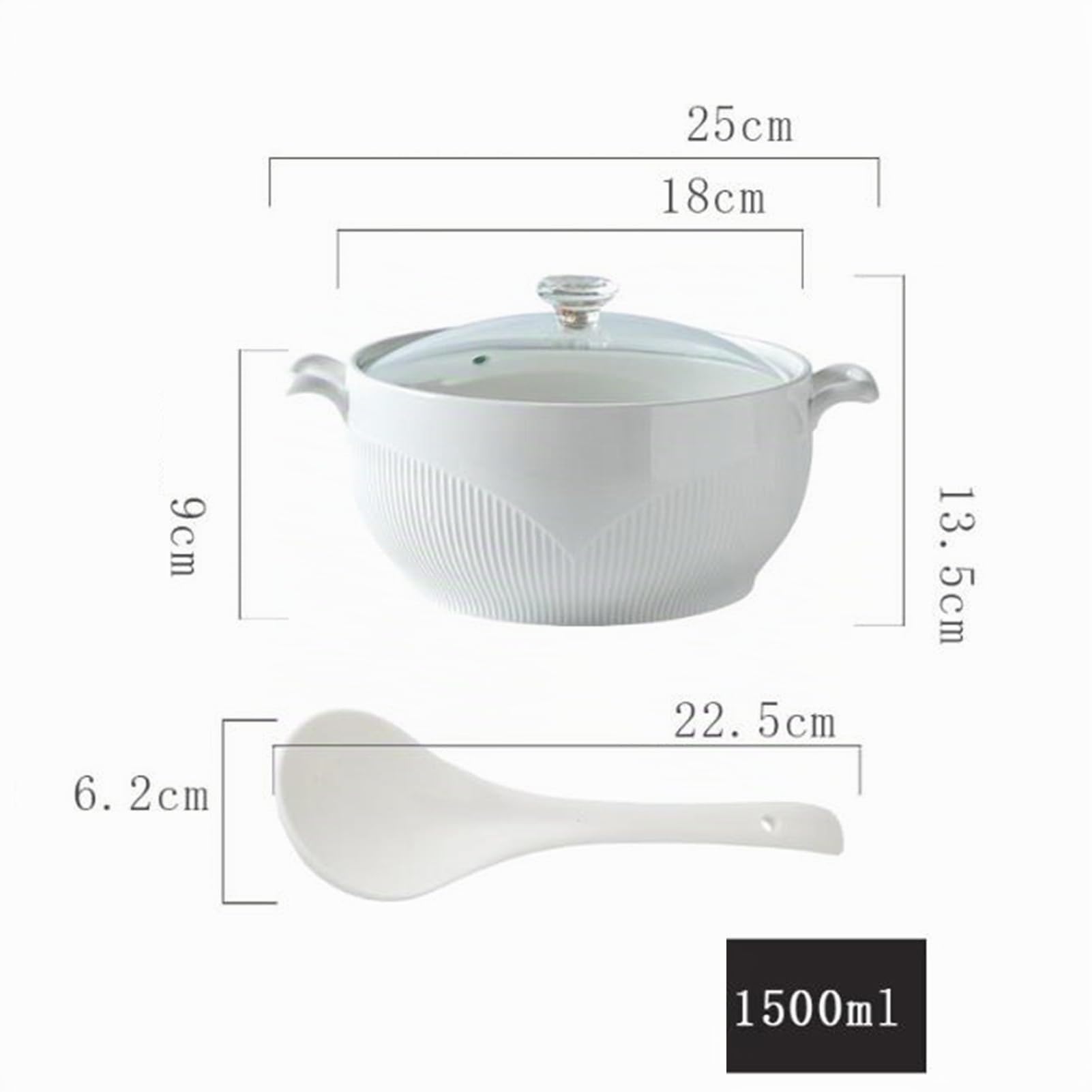 Vnook Marmite à soupe en céramique blanche, grande soupière avec couvercle en verre et louche, bol à soupe avec couvercle en diamant, marmite à soupe décorative for restaurant et maison(1500ml)