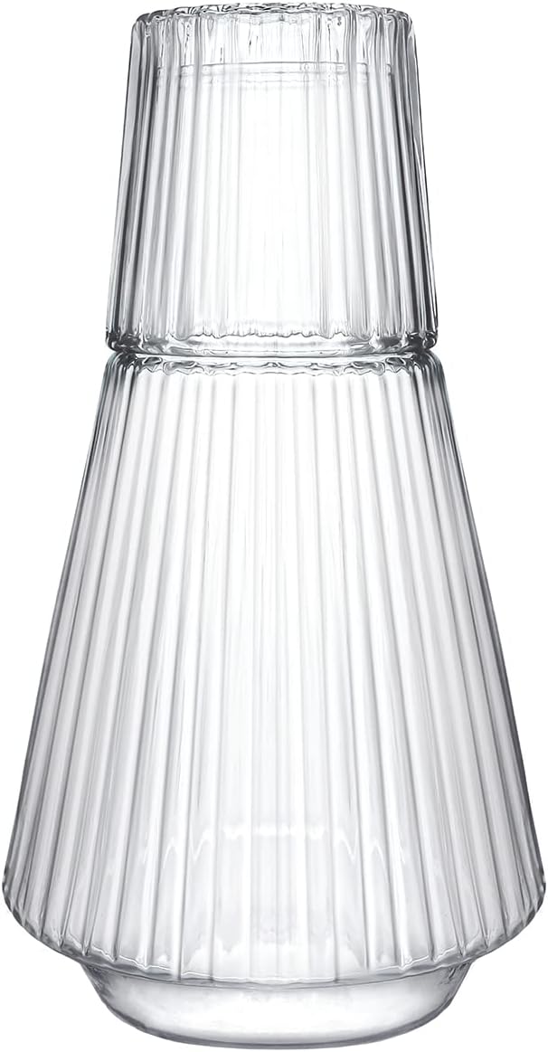 Sizikato Jarra de agua clásica a rayas de vidrio transparente de 30 onzas con vaso de cristal.