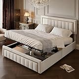 BRILVERDE Letto imbottito 160x200 con Contenitore idraulico, Letto matrimoniale, Funzionale con testiera, Struttura letto con rete a doghe, Velluto (Beige, 160 x 200 cm)