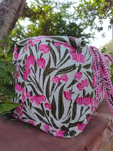 Indian Block Print Quilted Bag, Decorative Floral Print Weekender Bags, Beautiful Colorful Travel Overnight Bags, Large Size Handmade Cotton Quilted Duffle Bags For Women Gifts2