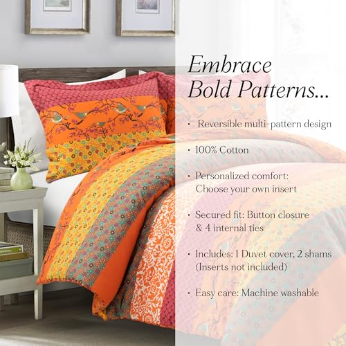 Image of Lush Decor Royal Empire Reversible Cotton Duvet Cover Set, 3 Piece Set Full / Queen, Tangerine - Striped Bedding Set - Queen Duvet Cover - Boho Decor - Orange Bedding