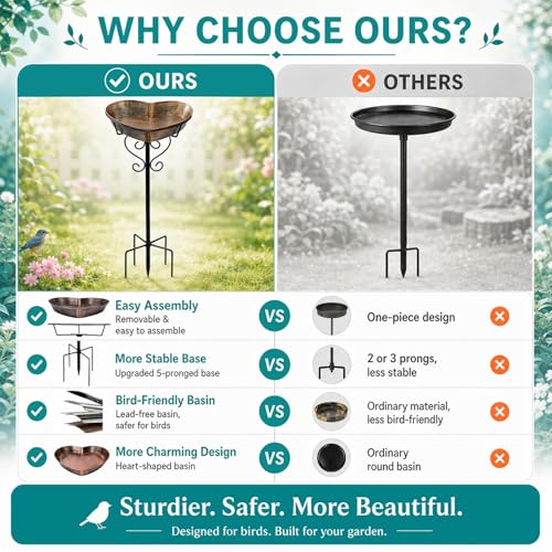 Image of Goodeco Metal Heart Bird Bath - 2.17 inch Deep, 12.1 inch Easy-Clean Removable Bowl | Vintage copper finish, 34.7 inch tall rust-resistant 5-pronged stake, romantic garden gifts for bird lovers, mom, or grandparents