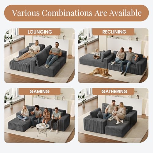Image of GRUSIGN 107'' Cloud Sectional Boneless Couches for Living Room, Modular L Shaped Couch with Deep Seat Oversized Left Facing Chaise, Memory Foam Compressed Spineless 3 Seater Sofa, Wide-Striped Grey