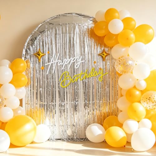 Image of TONIFUL Happy Birthday Sign for Backdrop - Glitter White Gold Felt Banner - Includes Dot Glue - Perfect for Birthday Party Backdrop,Wall Decr,Balloon Arch,Photo Background