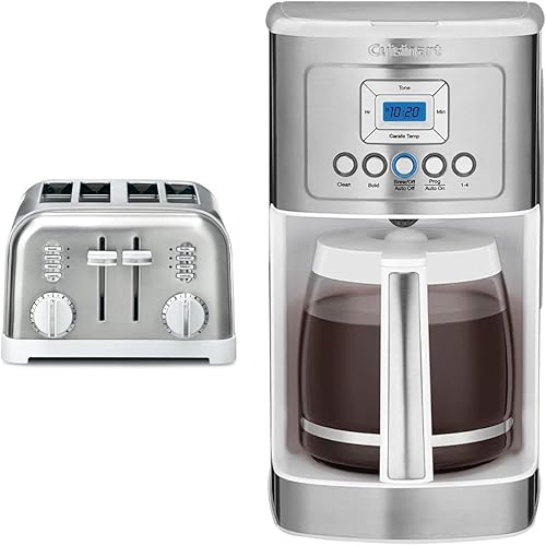 Cuisinart CPT-180WP1 - Tostadora clásica de metal de 4 rebanadas, color blancoacero inoxidable y DCC-3200WP1 Perfectemp Cafetera de 14 tazas, color
