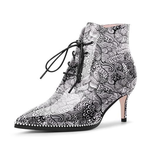 Women Sexy Kitten Heel Ankle Boots Pointed Toe Lace Up Bead Dress Booties