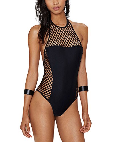 Maillots De Bain Mesh Dos Nu Une Pièce Halterneck Monokini pour Femme Noir L Cover